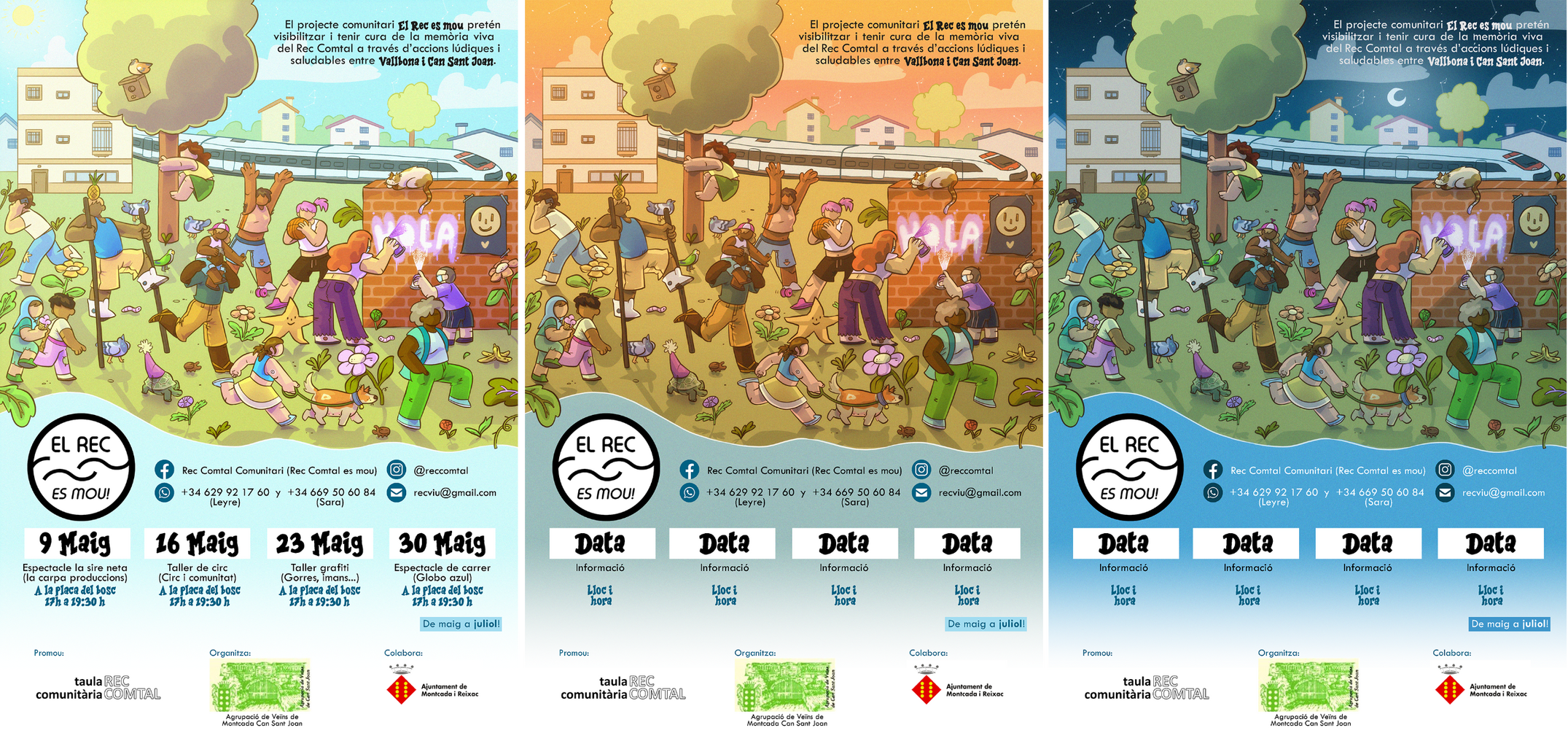 Three versions of the poster for the different months. Morning, Sunset and night. Same illustration, different mood.